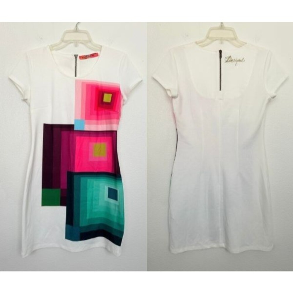 Desigual Retro Geometric Sheath Dress Short Sleeve White Pink Y2k Women's Medium
